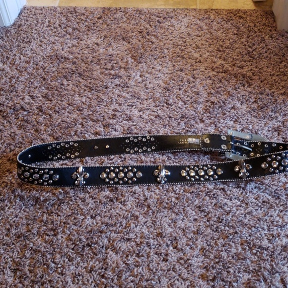 Black Leather Rhinestone Accented Belt - Picture 2 of 5